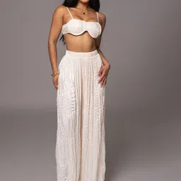 Bee Boe Crinkled Texture Shoulder Straps Casual Crop Top With Palazzos-image-27