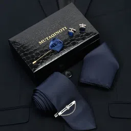 MUTAQINOTI Men Dark Blue Silk Necktie Accessory Gift Set-image-44