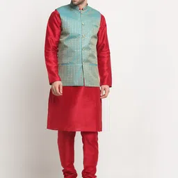 KRAFT INDIA Straight Pure Silk Kurta & Churidar With Nehru Jacket-image-83