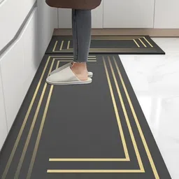 Deoxys 2-Pcs Black Striped Rectangular Non Slip Waterproof Kitchen Mats-12