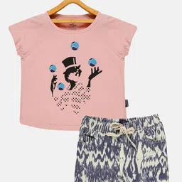 KiddoPanti Girls Printed Cotton T-shirt with Shorts Set-image-23