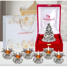 INTERNATIONAL GIFT Silver Toned 6 Pieces Ganesh Idol With Sitar Diya Gift Set-image-41