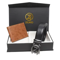 ZORO Men Black & Tan Brown Solid Belt & Wallet Set-image-43