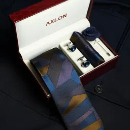 AXLON Men Geometric Design Tie Set With Pocket Square-Cufflink & Flower Pin-23