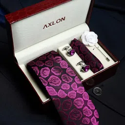 AXLON Men Printed Tie Set With Pocket Square, Cufflink & Flower Pin-46