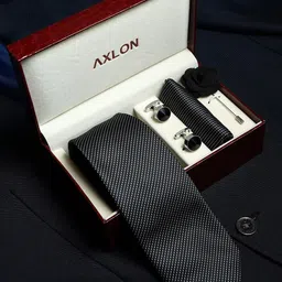 AXLON Men Micro Dotted Design Tie Set With Pocket Square-Cufflink & Flower Pin-2