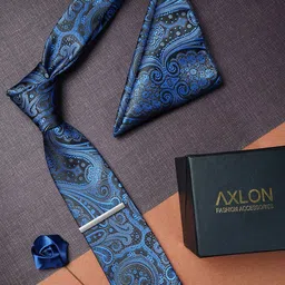 AXLON Men Paisley Woven Design Tie With Pocket Square, Tie Clip & Flower Pin-7