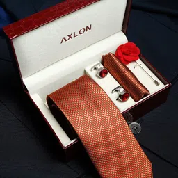 AXLON Men Geometric Design Tie Set With Pocket Square-Cufflink & Flower Pin-56