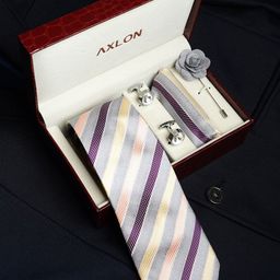 AXLON Men Striped Design Tie Set With Pocket Square-Cufflink & Flower Pin-34