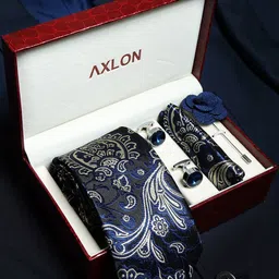 AXLON Men Printed Tie Set With Pocket Square, Cufflink & Flower Pin-19