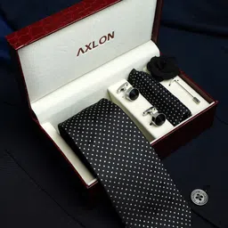 AXLON Men Polka Dotted Design Tie Set With Pocket Square-Cufflink & Flower Pin-11