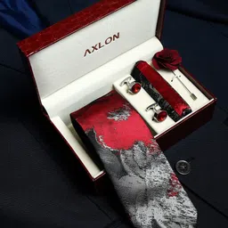 AXLON Men Abstract Design Tie Set With Pocket Square-Cufflink & Flower Pin-21