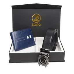 ZORO Men Black & Blue Solid Leather Belt & Wallet Accessory Gift Set-image-46