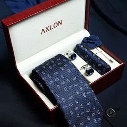 AXLON Set Of 4 Printed Necktie Pocket Square With Cufflink & Flower Pin Accessory Gift Set-picture-16