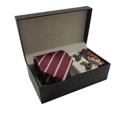The Tie Hub Men Maroon Stripe Print Microfiber Necktie Accessory Gift Set-image-23