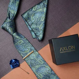 AXLON Men Woven Design Pocket Square, Cufflink, Tie Clip & Flower Pin-image-20