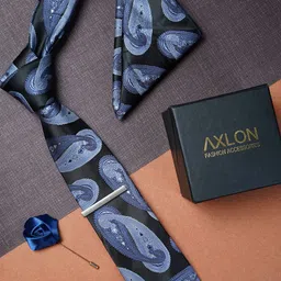 AXLON Men Paisley Woven Design Tie With Pocket Square,Tie Clip & Flower Pin-2