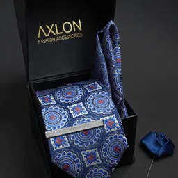 AXLON Men Woven Design Tie With Pocket Square, Tie Clip & Flower Pin-4