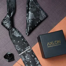 AXLON Men Woven Design Tie With Pocket Square, Tie Clip & Flower Pin-8
