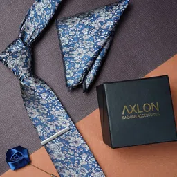 AXLON Men Woven Design Tie With Pocket Square, Tie Clip & Flower Pin-7