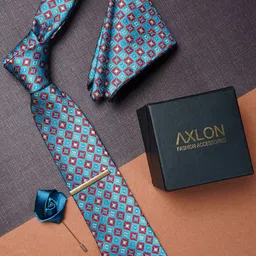 AXLON Men Woven Design Tie With Pocket Square, Tie Clip & Flower Pin-1