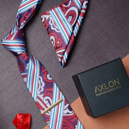 AXLON Men Woven Design Tie With Pocket Square,Tie Clip & Flower Pin-5