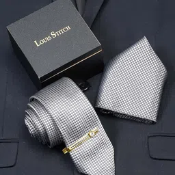 LOUIS STITCH Men Silk Checked Necktie Accessory Gift Set-image-78