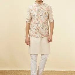 Manyavar Mandarin Collar Straight Kurta & Pyjamas With Floral Printed Nehru Jacket-18