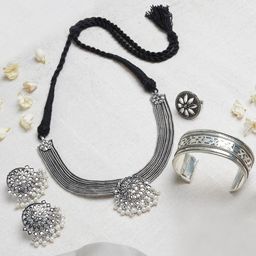 Teejh Mandana Oxidised Silver-Plated White Beaded Jewellery Set-image-61