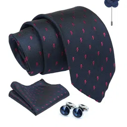 AXLON Men Printed Tie Set With Pocket Square, Cufflink & Flower Pin image 5