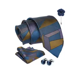 AXLON Men Geometric Design Tie Set With Pocket Square-Cufflink & Flower Pin image 2