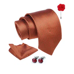 AXLON Men Geometric Design Tie Set With Pocket Square-Cufflink & Flower Pin image 5