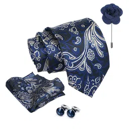 AXLON Men Printed Tie Set With Pocket Square, Cufflink & Flower Pin image 2