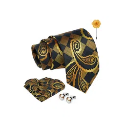 AXLON Men Checkered Paisley Design Tie Set With Pocket Square-Cufflink & Flower Pin image 4