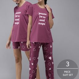 Zeyo 3 Pieces Conversational Printed Pure Cotton Night Suit-image-81