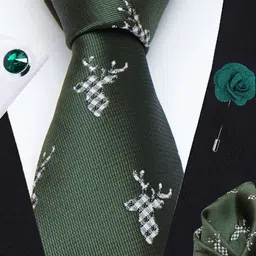 AXLON Men Animal Design Tie Set With Pocket Square-Cufflink & Flower Pin image 5