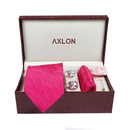 AXLON Men Micro Floral Printed Tie Set With Pocket Square-Cufflink & Flower Pin image 4
