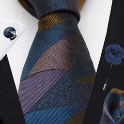 AXLON Men Geometric Design Tie Set With Pocket Square-Cufflink & Flower Pin image 4