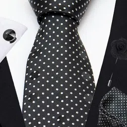 AXLON Men Polka Dotted Design Tie Set With Pocket Square-Cufflink & Flower Pin image 5