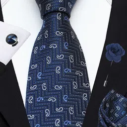 AXLON Set Of 4 Printed Necktie Pocket Square With Cufflink & Flower Pin Accessory Gift Set image 4