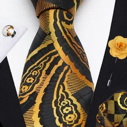 AXLON Men Checkered Paisley Design Tie Set With Pocket Square-Cufflink & Flower Pin image 5