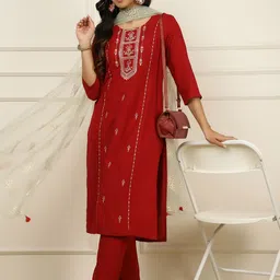 Jaipur Kurti Floral Embroidered Thread Work Straight Kurta with Trousers & Dupatta-picture-38