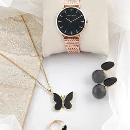 JOKER & WITCH Rose Gold-Toned & Black Faux Pearl-Beaded Watch Gift Set JWLS419-26