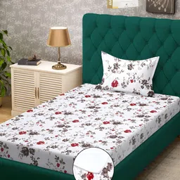 KLOTTHE White & Grey Printed 300 TC Single Bed Fitted Bedsheet With 1 Pillow Cover-picture-43