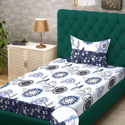 KLOTTHE White & Blue Floral Printed 300 TC Fitted Single Bedsheet With 1 Pillow Cover-9