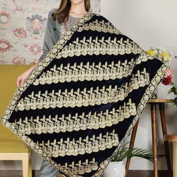 Moda Chales Women Navy Blue Embroidered Velvet Shawl-image-52