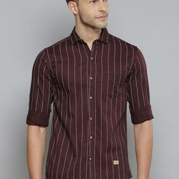 DENNISON Men Burgundy Smart Slim Fit Pinstripes Opaque Striped Casual Shirt-image-8