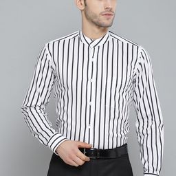 DENNISON Men White & Navy Blue Smart Slim Fit Pure Cotton Striped Formal Shirt-image-17