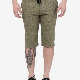 JADE BLUE Floral Printed Slim Fit Knee Length Cotton Shorts-image-85