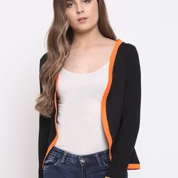 RIVI Women Black & Orange Rib Open Front Shrug-50